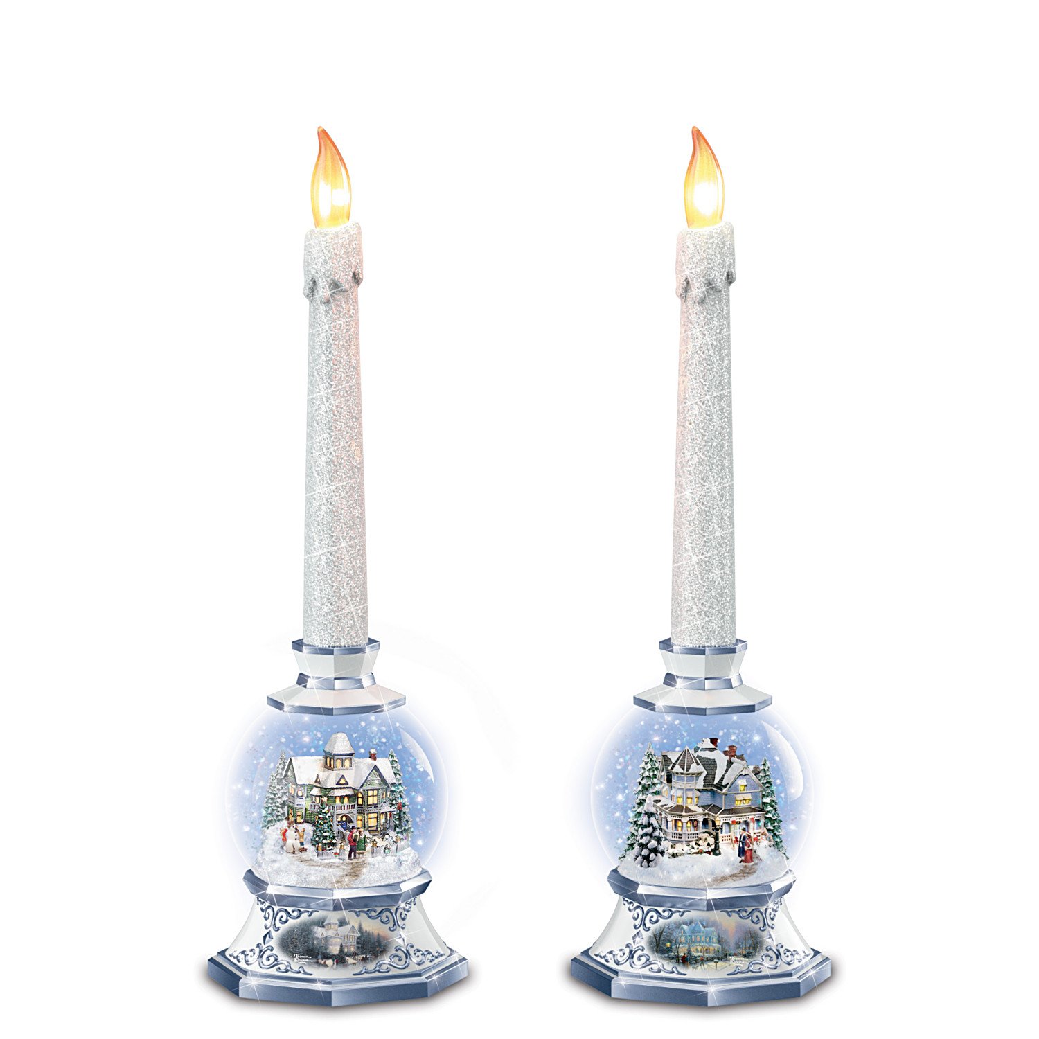 Thomas Kinkade Snowglobe Candleholders Set with Flameless LED Candles - Romantic Holiday Decor for Christmas, Winter Home Decor & Gift Idea