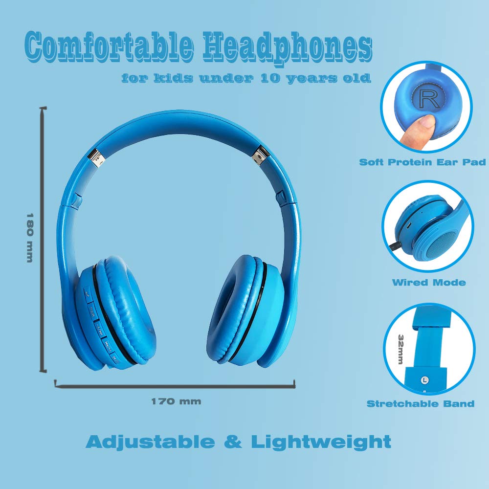 Wireless Bluetooth Kids Headphones with LED Lights, 85dB Volume Limiting, Foldable Design, Built-in Mic, FM Radio & Micro SD Support - Compatible with Phone, Tablet, PC, Laptop, TV (Blue) - Perfect for Online Learning, Gaming, and Travel Entertainment