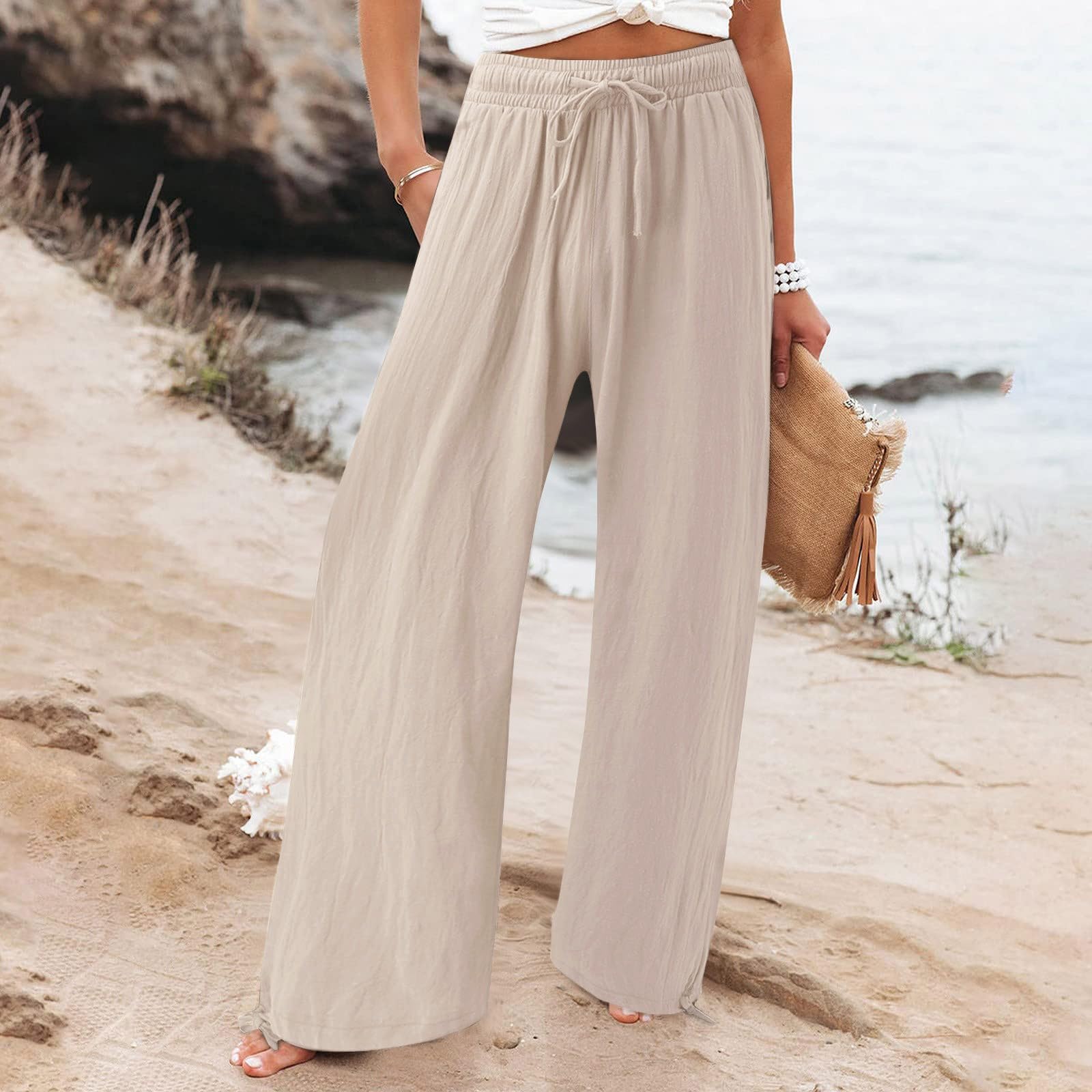 Women's Linen Drawstring Pants - Casual Summer Boho Pattern Pants for Women in Brown | Perfect for Beach, Yoga, and Lounge Wear