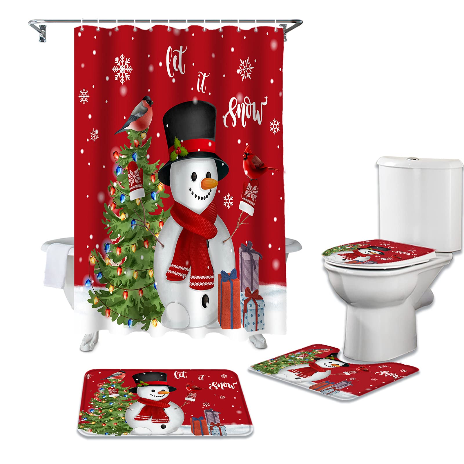 Christmas 4-Piece Bathroom Set - Snowman Tree Red Snowflake Winter Bird Waterproof Shower Curtain with Hooks, Non-Slip Rugs, Toilet Lid Cover & U-Shaped Bath Mat - Holiday Home Decor for Bathroom, Winter Themed Gift Set for Family & Guests