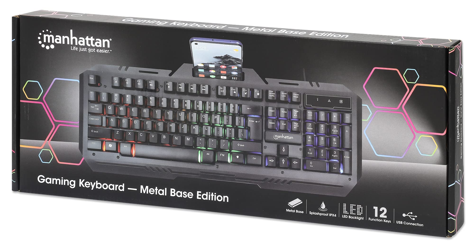 RGB Backlit Wired Gaming Keyboard with Metal Base & Splashproof Design - Quiet Mechanical Keys, Phone Holder & Multimedia Controls for PC, Computer, Desktop - Perfect for Gamers, Office Work & Streaming - 3 Year Warranty (Model: 180610)