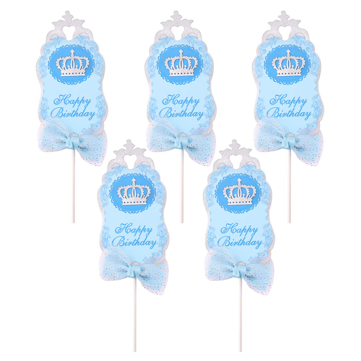 5pcs Silver & Blue Cake Toppers - Crown Cake Decorations for Birthday, Party, Wedding & Special Events - Perfect for Cupcakes, Desserts & Sweet Treats