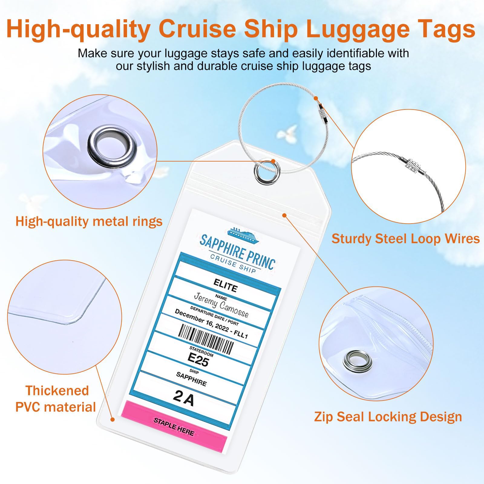 10 Pack Cruise Luggage Tag Holders - Waterproof Clear ID Tag for Holland America, Carnival, NCL, Princess & MSC Cruises - Durable Steel Loop Travel Essentials for Cruise Vacations & Ocean Getaways