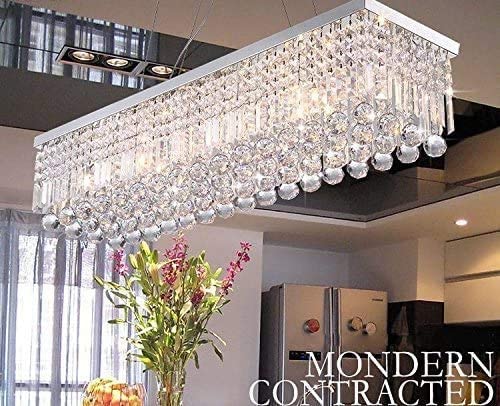 Luxury Modern Crystal Chandelier Lights - Clear K9 Crystal Droplet Rectangular LED Pendant Lighting Fixture in Chrome Finish for Dining Room, Living Room, Foyer, Lounge, Kitchen | Elegant Ceiling Light for Home Decor, Wedding Venues & Luxury Hotels