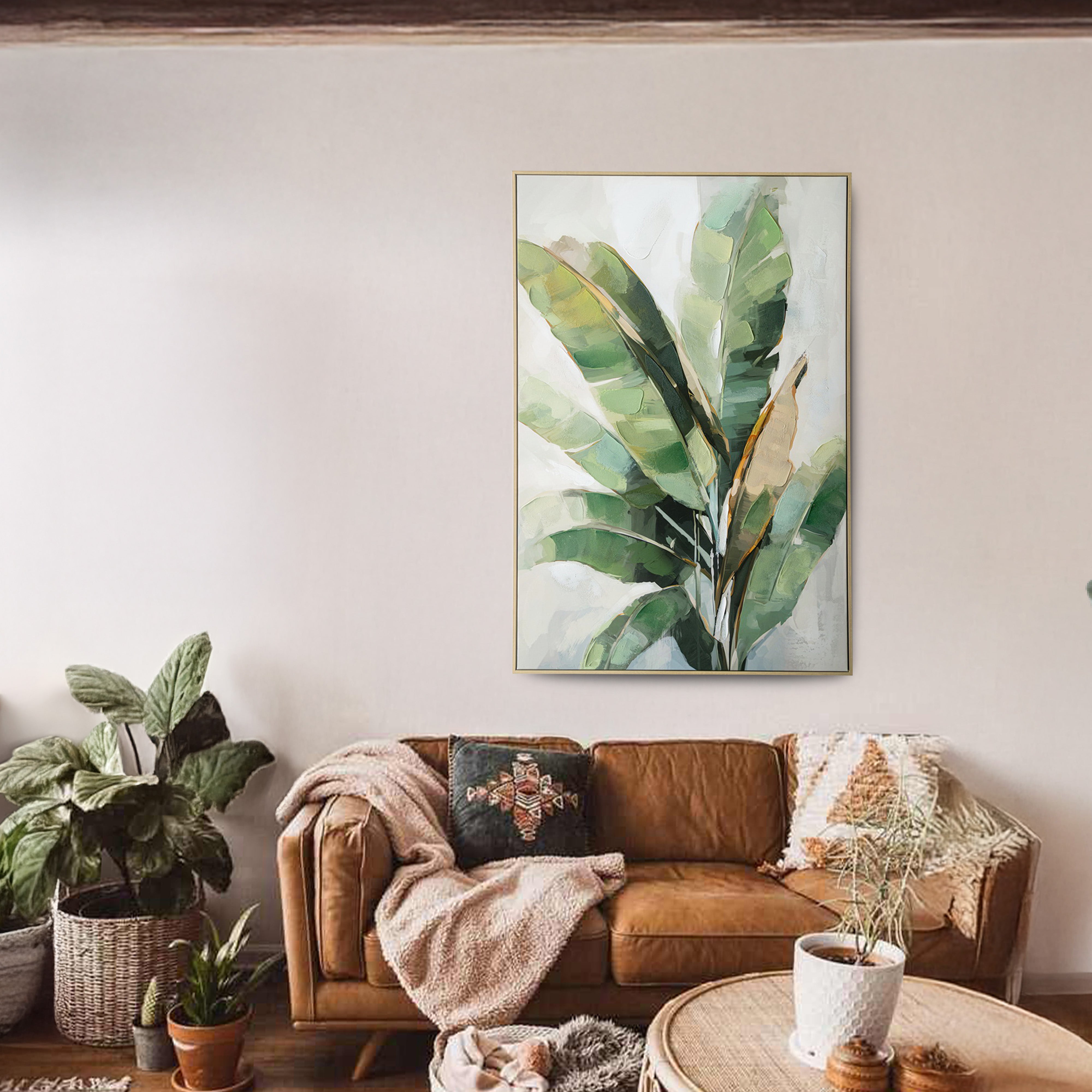 Urban Style Brushmarks Embellished Canvas Banana Palm Wall Art - Tropical Home Decor for Living Room, Bedroom & Office