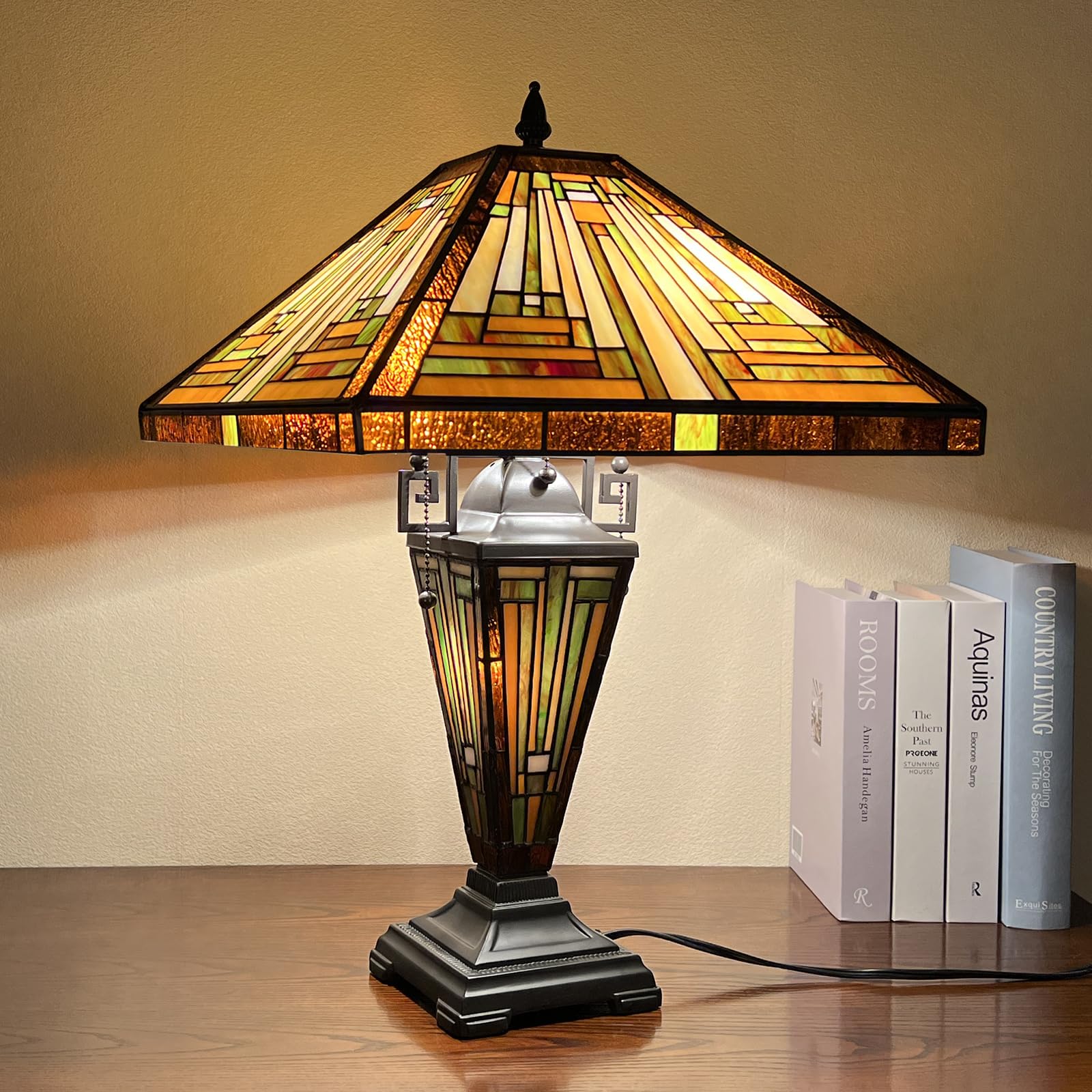 Tiffany Style Stained Glass Table Lamp - Capulina 3-Light Amber Brown Mission Desk Lamp (16x16x24 Inches) for Living Room, Bedroom & Home Office | Perfect for Reading, Decor & Ambient Lighting