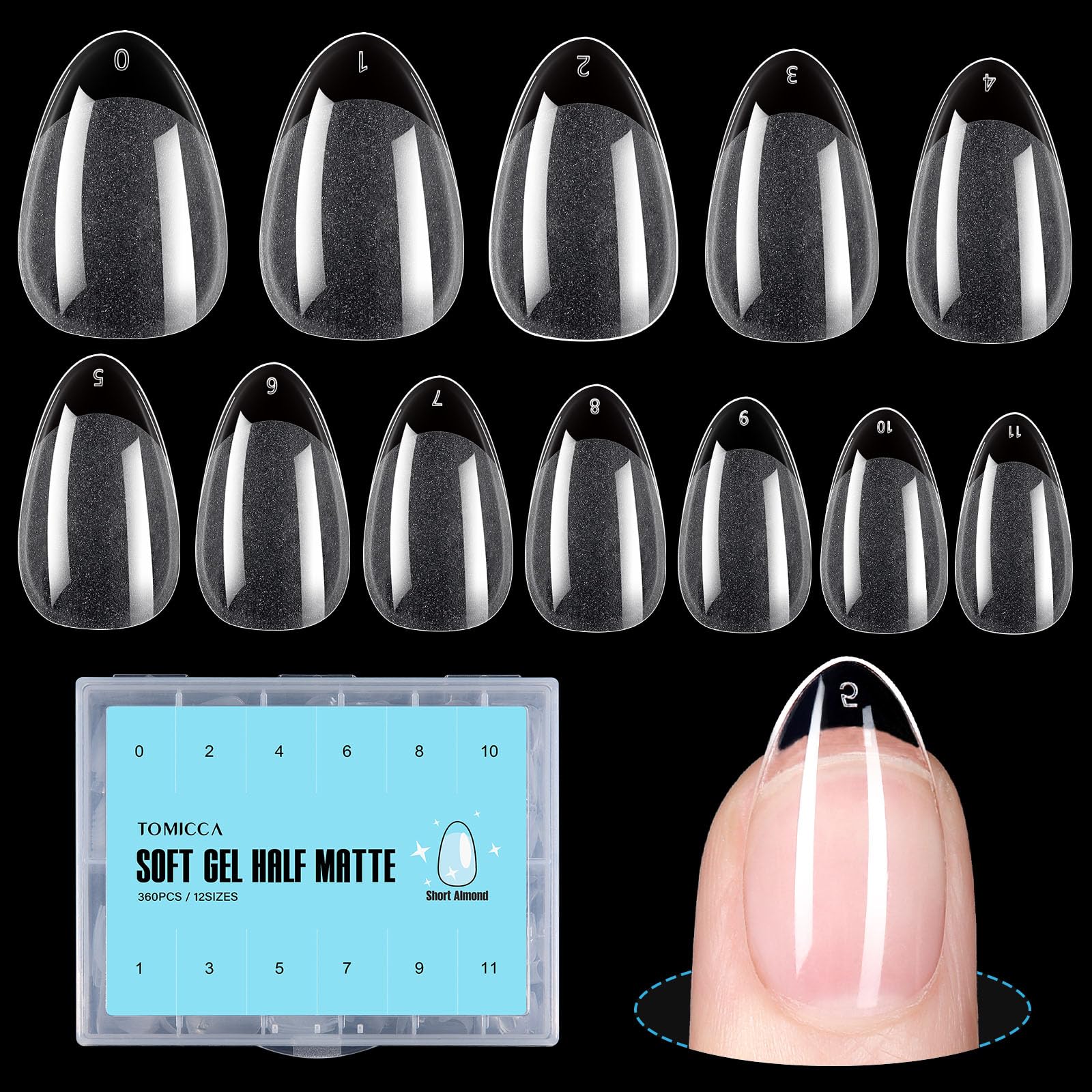 TOMICCA 360Pcs Soft Acrylic Almond Nail Tips - Half Matte Pre-Shaped False Press On Nails for Full Cover Extension | DIY Nail Salon Supplies | Perfect for Home Manicure, Bridal & Party Nail Art | 15 Sizes