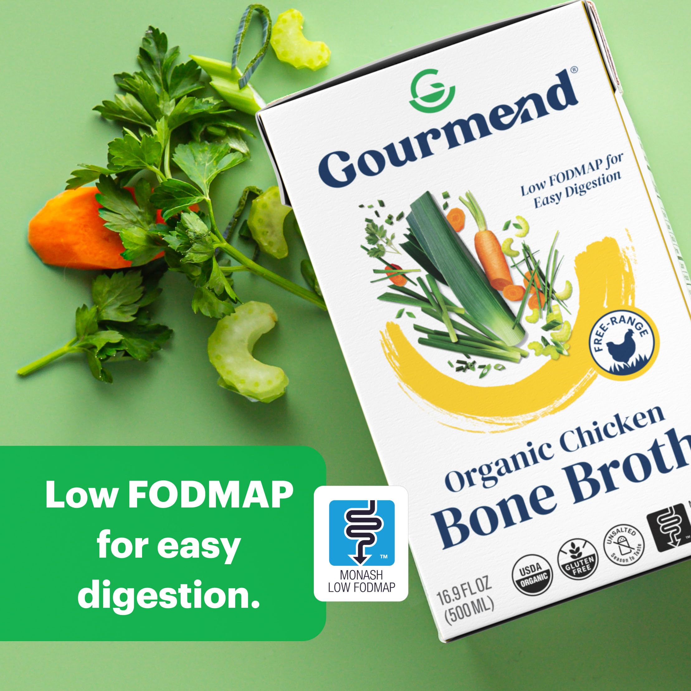 Organic Unsalted Chicken Bone Broth 16.9oz (12 Pack) – 7 Simple Ingredients, Low FODMAP Certified, Gluten Free, No Fillers, No Onion or Garlic – Perfect for Keto, Paleo & Gut Health Diets