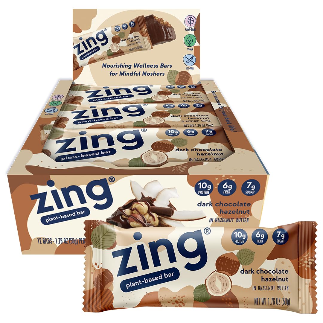 Zing Dark Chocolate Hazelnut Vegan Protein Bars - Gluten Free, High Protein & Fiber, Dairy Free, Plant Based, Kosher, Low Sugar, No Sugar Alcohols (12 Count) - Perfect for Post-Workout Recovery & Healthy Snacking