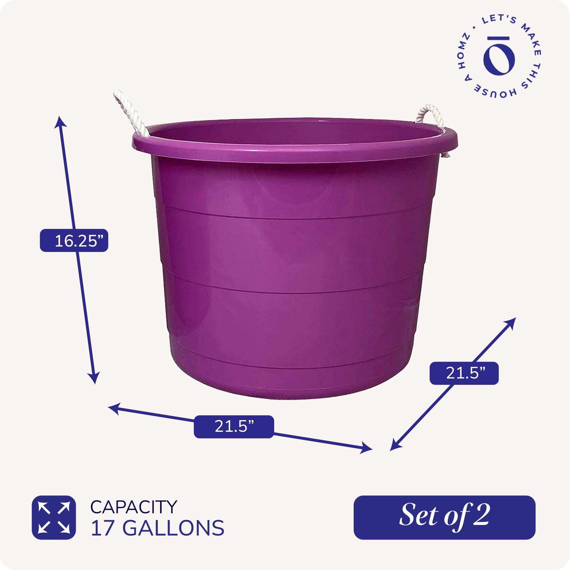 HOMZ 4-Pack 17 Gallon Large Plastic Storage Buckets with Rope Handles - Heavy Duty Utility Tubs for Laundry, Cleaning, Organizing (Purple) - Perfect for Home, Garage, and Outdoor Storage