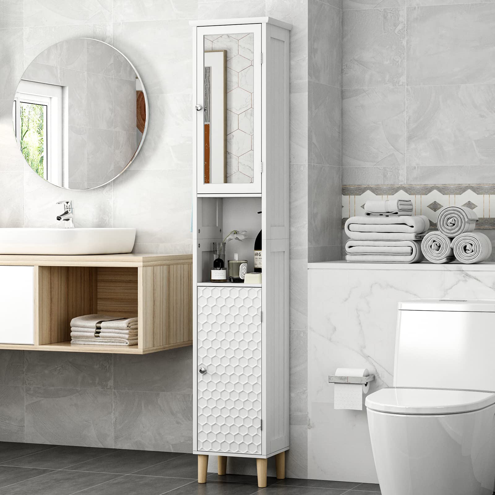 SogesHome 3-Tier Bathroom Storage Cabinet with Open Shelves & Mirror Door - Freestanding Tall Organizer for Bathroom, Living Room, Bedroom - Perfect for Towels, Toiletries & Home Decor Storage