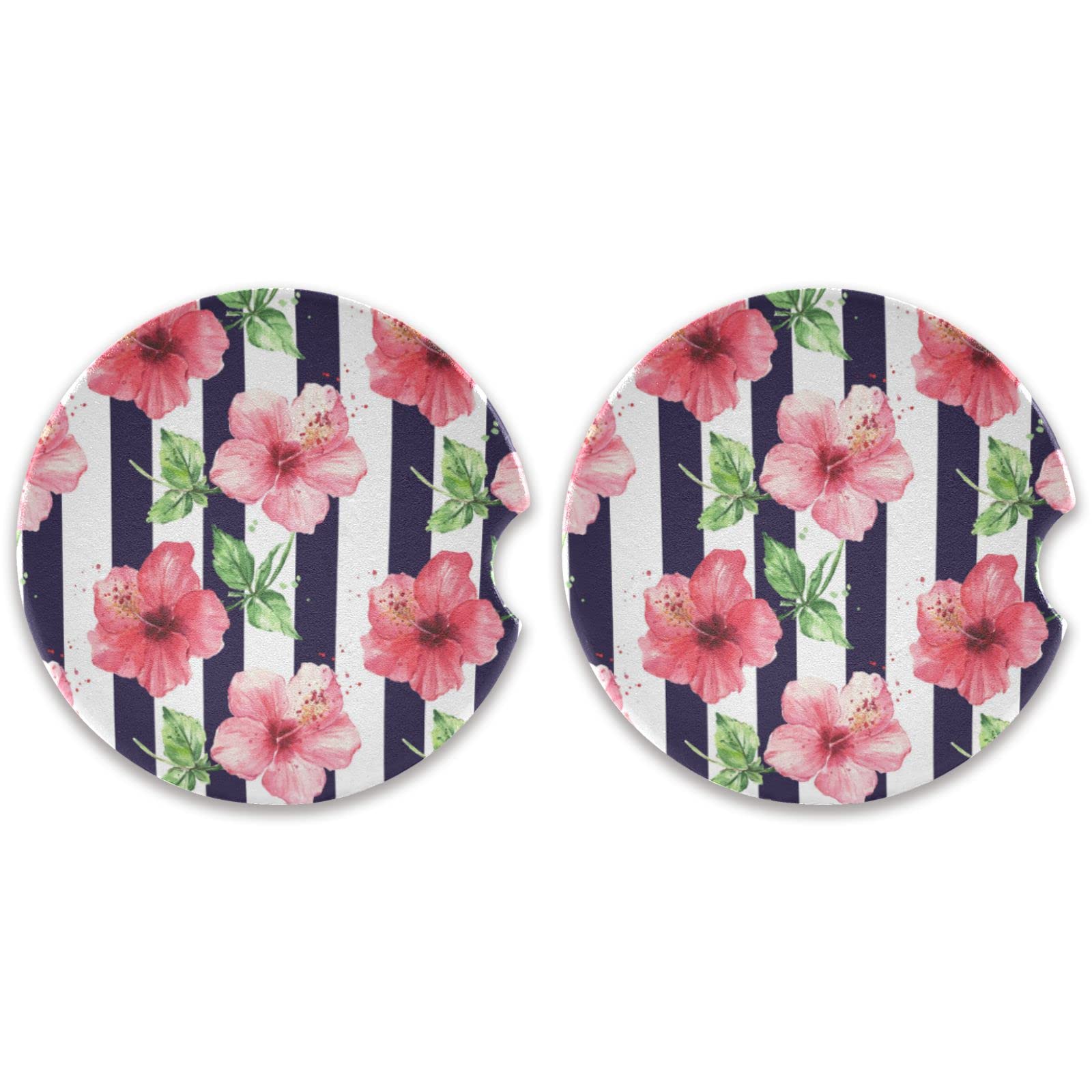 Kigai Hibiscus Flower Car Coasters Set of 2 - Non-Slip Drink Cup Holders with Finger Notch for Easy Removal, 2.5 Inch - Perfect for Cars, Trucks & SUVs to Protect Your Cup Holders