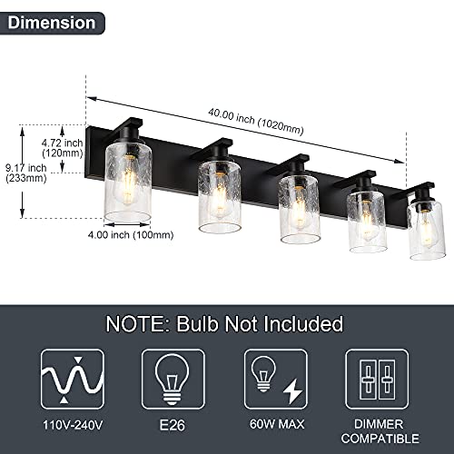 Farmhouse 5-Light Black Wall Mount Vanity Light with Seeded Glass - Bathroom Mirror Lighting for Farmhouse, Rustic, Modern Decor - Perfect for Bathroom Vanity, Kitchen, Bedroom, and Cabinet Lighting