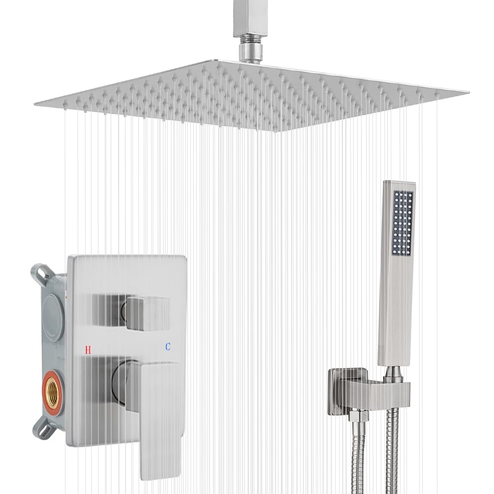 Premium 12 Inch Brushed Nickel Rain Shower Head with Handheld Sprayer - High Pressure Ceiling Mount Shower System Set (Includes Rough-in Valve & Trim) - Perfect for Luxury Bathrooms & Spa-Like Shower Experience