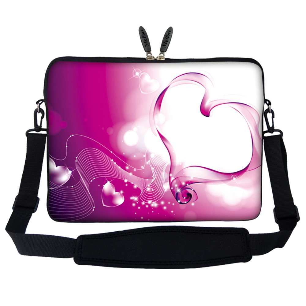 Meffort Inc 15.6 Inch Neoprene Laptop Sleeve Case with Hidden Handle & Adjustable Shoulder Strap - Pink Heart Pattern - Perfect for MacBook, Dell, HP - School, Office, Travel Protection