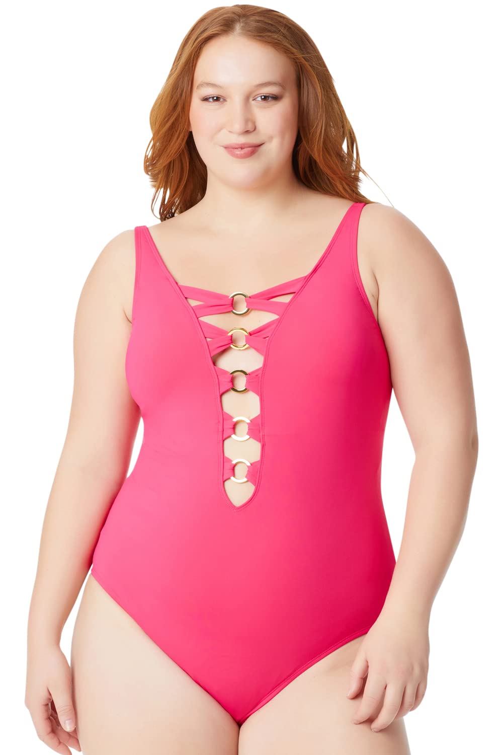 Bleu Rod Beattie Women's Plus Size R22207X Ring Me Up Plunge One Piece Swimsuit - Black & Rose Red - Sizes 16W, 18W, 22W | Perfect for Beach Vacations, Pool Parties & Summer Getaways