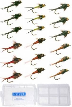 Premium Copper John Fly Fishing Flies Kit - 18 Realistic Nymph Flies with Durable Fly Box - Strong Sharp Hooks for Trout Bass Fishing - Essential Fly Fishing Accessories for Rivers Lakes and Streams