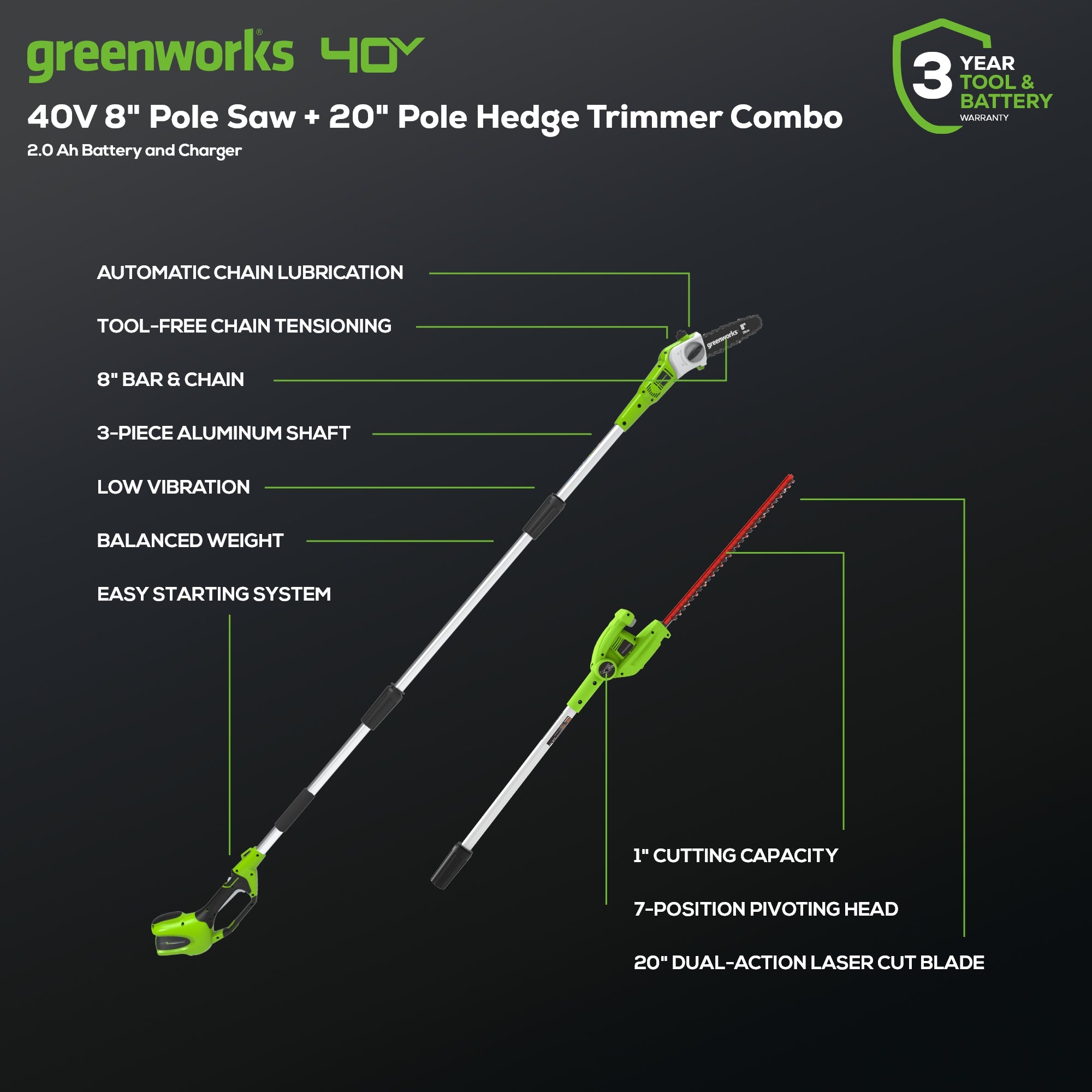 40V 8-Inch Cordless Battery Pole Saw & Hedge Trimmer Attachment Kit with 2.0Ah Battery & Charger - Perfect for Tree Trimming, Landscaping, and Garden Maintenance