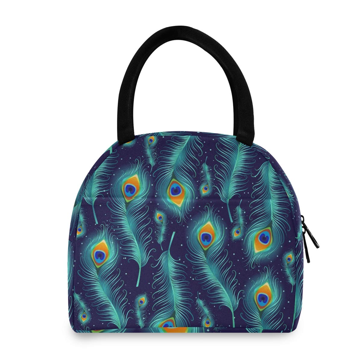 Husky Insulated Lunch Bag with Peacock Feather Design - Portable Cooler Tote for Women & Adults - Perfect for Work, School, Picnics & Outdoor Activities