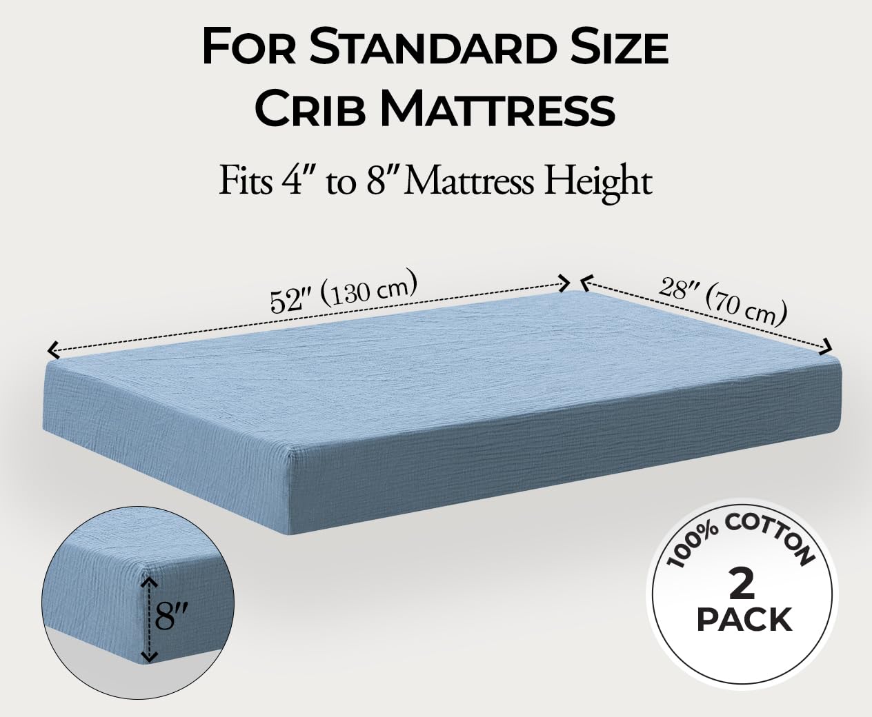 Soft 100% Cotton Muslin Crib Sheets Fitted for Standard Crib Mattress (52x28 Inches) - 2 Pack Baby Crib Sheets for Girls & Boys in Blue & Light Blue | Breathable, Comfortable Nursery Bedding for Newborns & Toddlers | Perfect for Daycare, Home Nursery & Travel Cribs