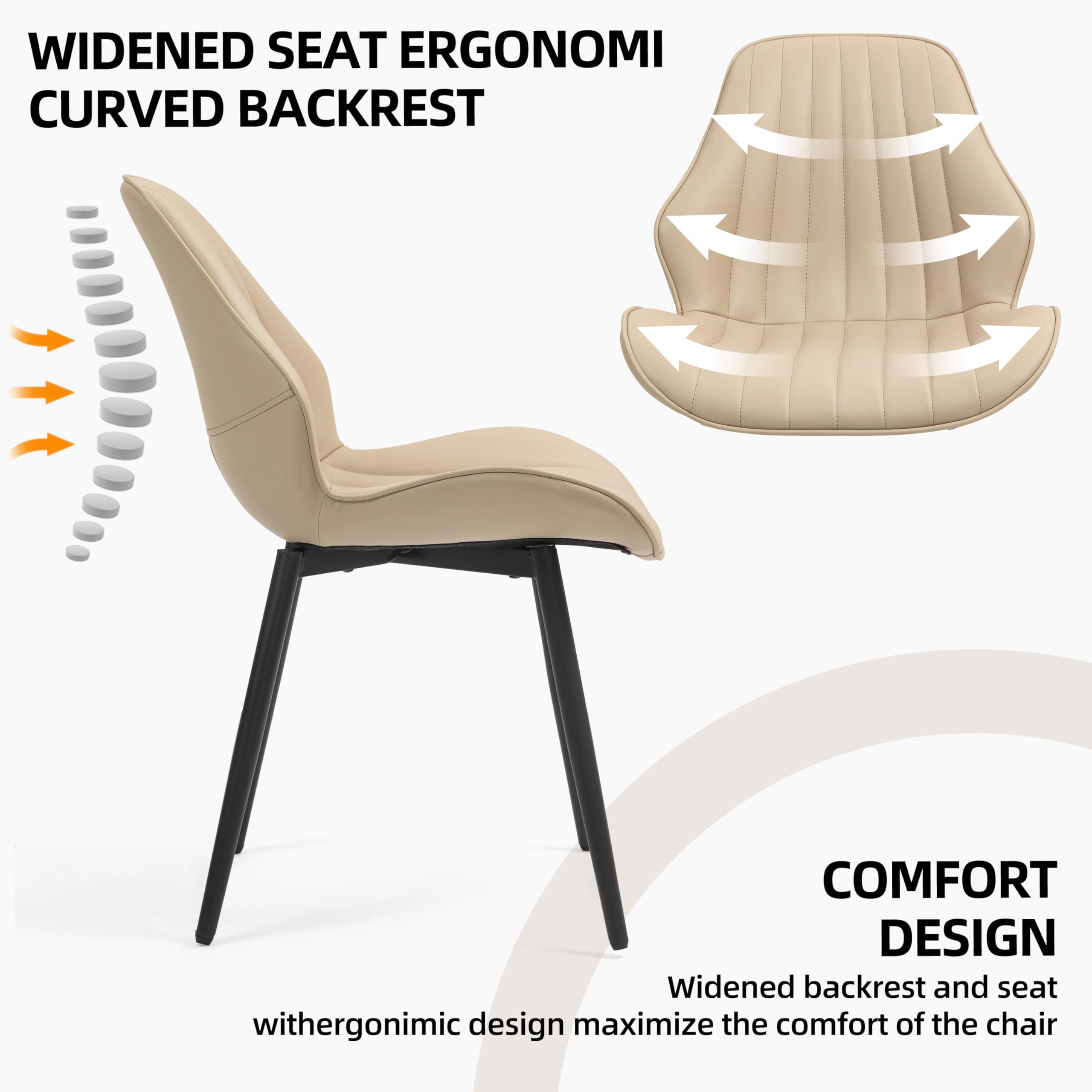 Finnhomy Mid-Century Modern Dining Chairs Set of 2 - Faux Leather Upholstered Armless Accent Chairs with Backrest & Metal Legs - Khaki Living Room & Dining Room Seating for Home Decor
