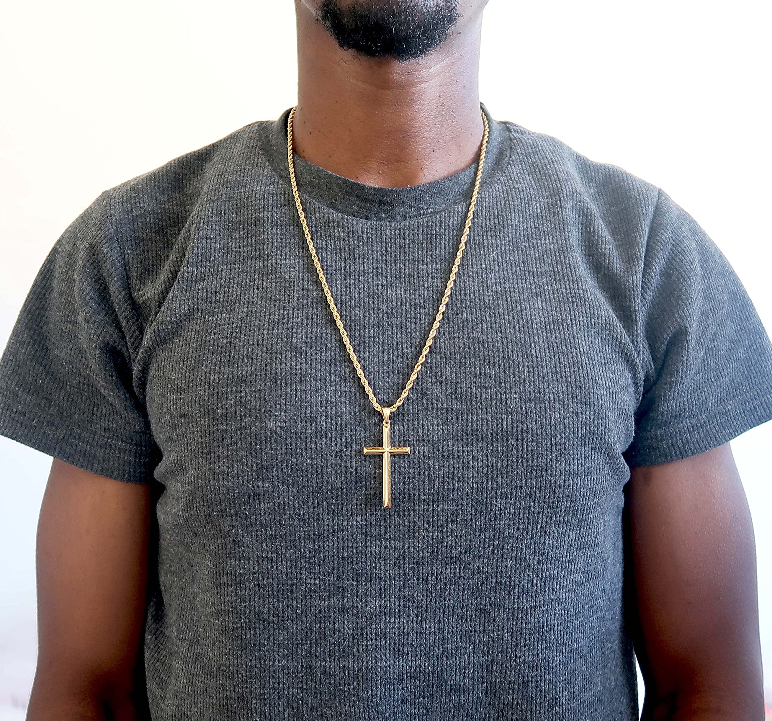 14K Gold Rope Chain Cross Pendant Necklace for Men - 3mm Thin Religious Jewelry with Diamond Cut Beveled Edge - Perfect Gift for Husband, Father's Day, Baptism & Church Occasions