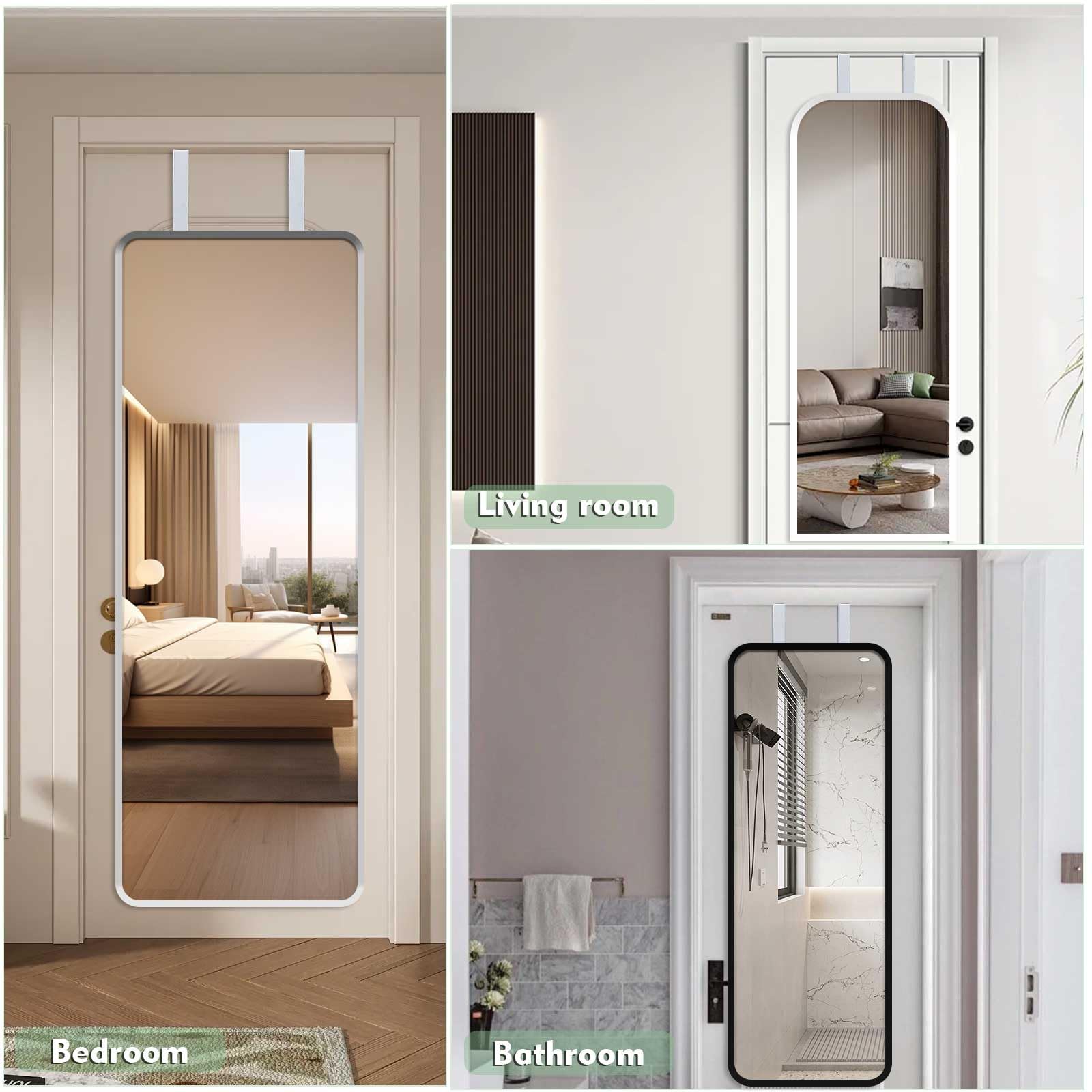 Adjustable Over-The-Door Mirror Hanger Set with Protective Lining - 2 White Door Mirror Hooks for Perfect Height & Fit (Mirror Not Included) - Ideal for Bedroom, Bathroom & Closet Organization