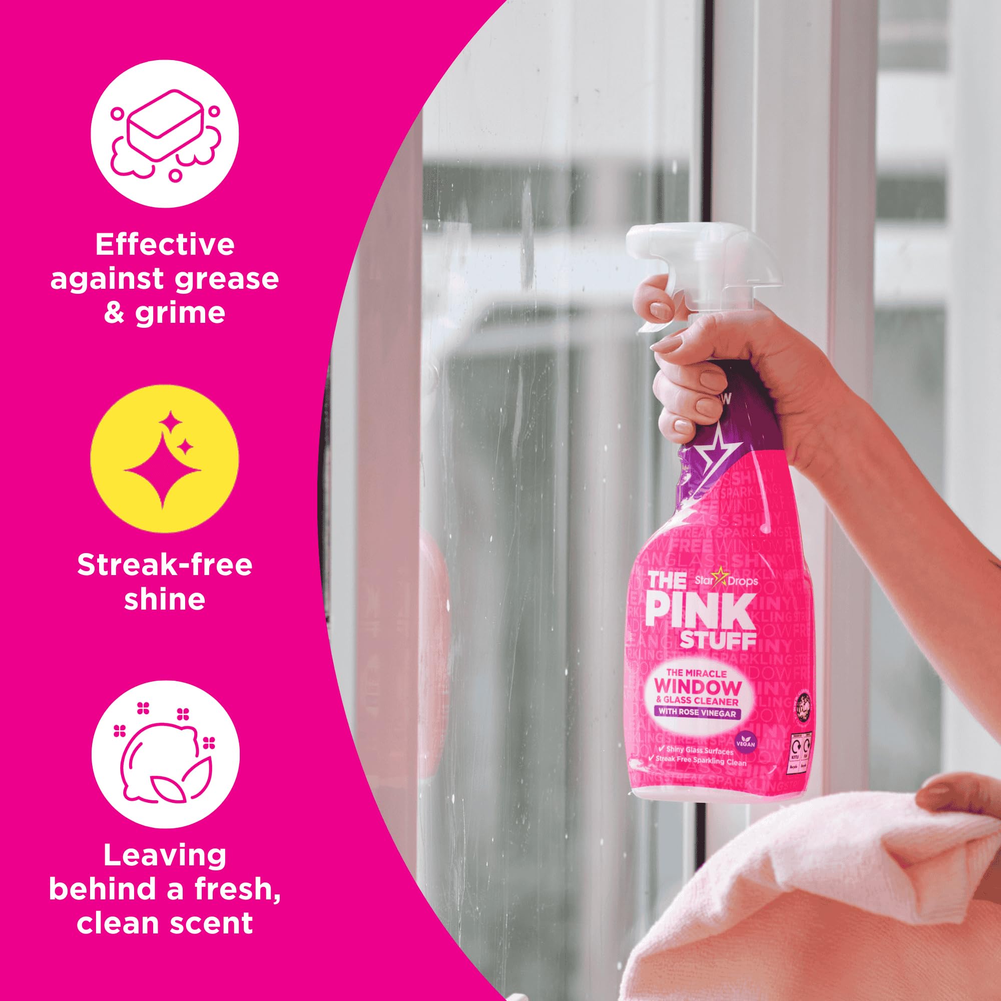 Stardrops The Pink Stuff Miracle Window & Glass Cleaner with Rose Vinegar - 3-Pack Bundle for Sparkling Windows, Mirrors & Glass Surfaces - Perfect for Homes, Offices & Cars