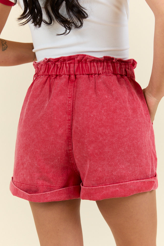 Stylish Red Ruffle Waist Denim Shorts for Women - Trendy High Waist Summer Shorts for Casual Outings, Beach Vacations & Date Nights