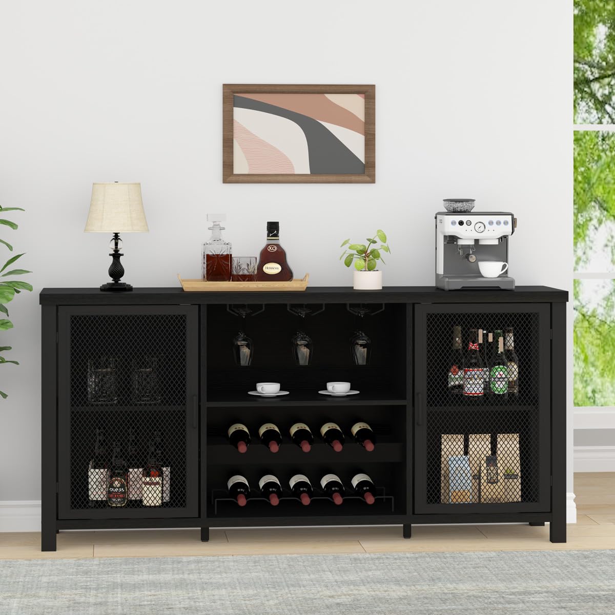 Black Oak Wine Bar Cabinet with Storage - 55 Inch Farmhouse Kitchen Buffet Cabinet for Liquor & Coffee Display | Industrial Style Home Bar for Dining Room & Living Room | Perfect for Entertaining Guests & Organizing Beverages