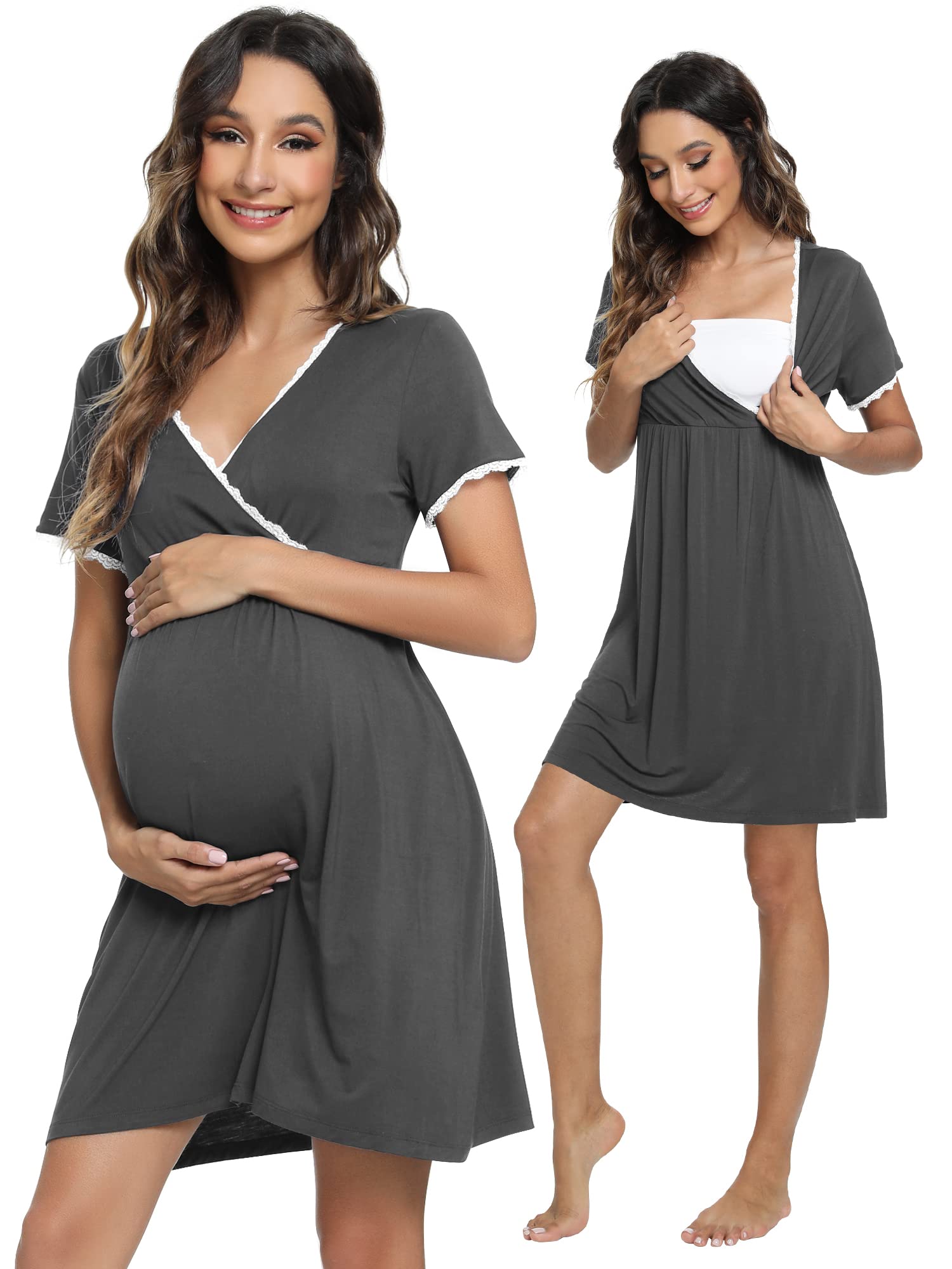 Soft Viscose Bamboo 3-in-1 Maternity Nightgown - Delivery & Nursing Gown with Breastfeeding Access - Comfortable Labor & Sleep Shirt for New Moms (Sizes S-XXL) - Perfect for Hospital Stay, Postpartum Recovery & Nighttime Nursing
