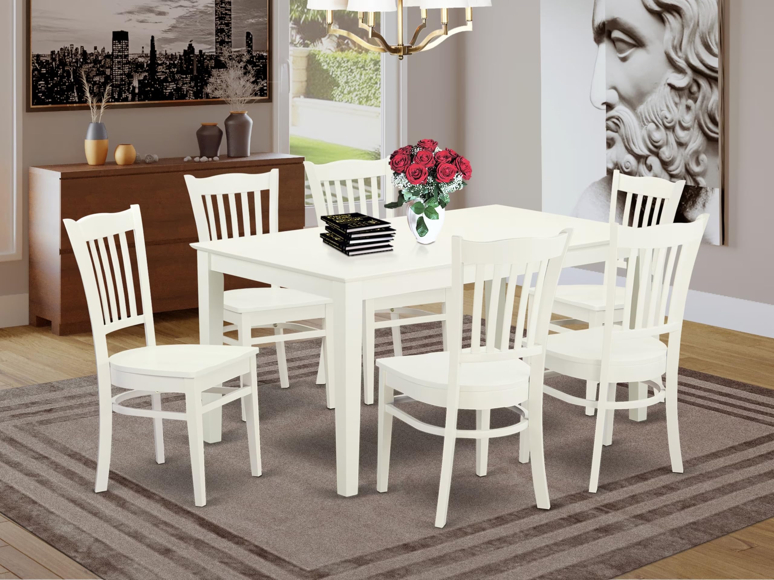 East West Furniture 7-Piece Dining Set - 36x60 Inch Rectangle Table & 6 Wooden Chairs in Linen White | Modern Kitchen & Dining Room Furniture for Family Gatherings & Dinner Parties