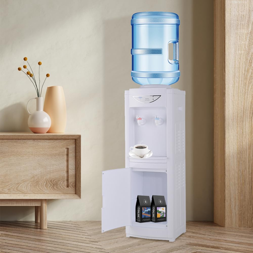 5 Gallon Water Cooler Dispenser with Hot & Cold Water - Top-Loading, Child-Safe Design with Removable Drip Tray & Storage Cabinet - Perfect for Home, Office, Schools & Events (White)