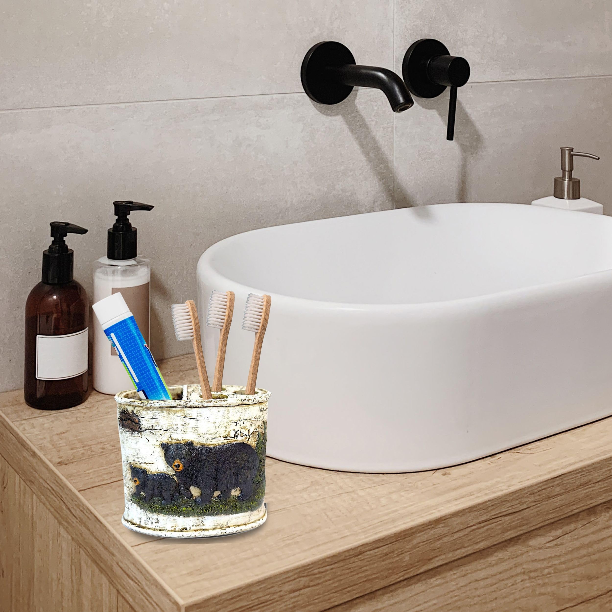 Black Bear Toothbrush Holder - Rustic Cabin Bathroom Decor for Wildlife Lovers & Nature Enthusiasts - Perfect for Cabin Bathrooms