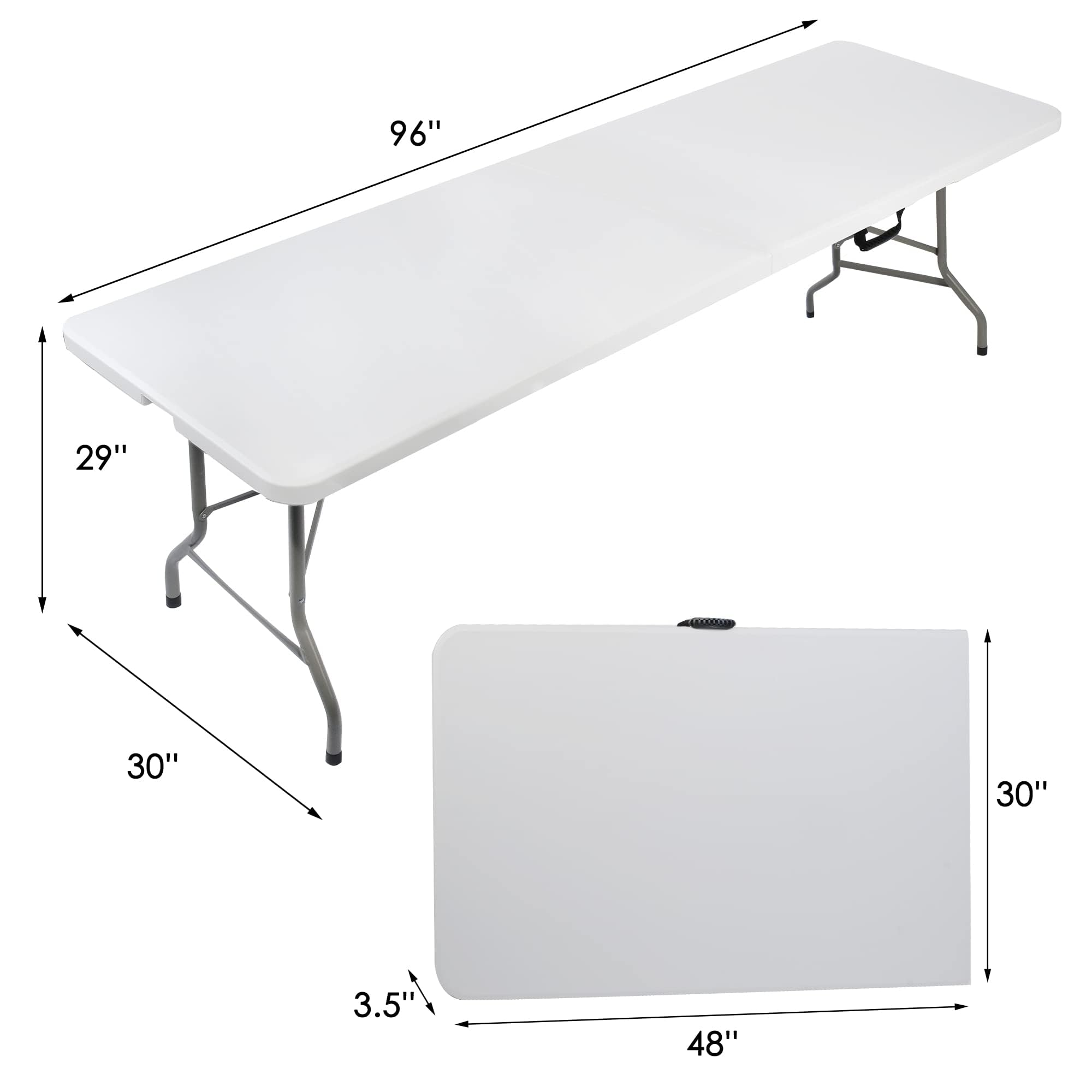 8FT Heavy Duty Folding Table - Portable Indoor Outdoor Camping Party Table with HDPE Tabletop & Carrying Handle - White - Perfect for BBQs, Picnics, Tailgating and Outdoor Events