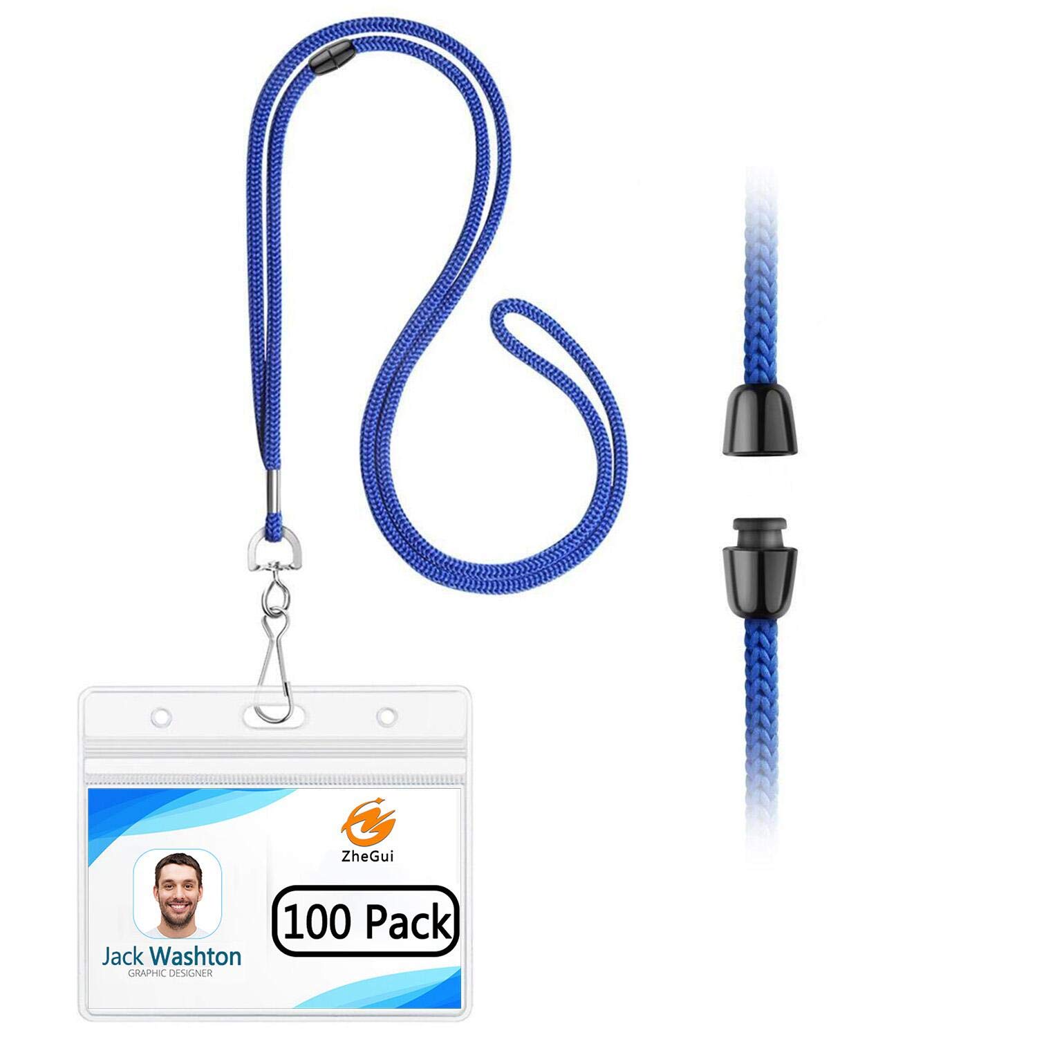 100 Pack Royal Blue Name Tags Lanyard with Clear Plastic Horizontal ID Badge Holders - Breakaway Safety Lanyards for Schools, Offices, Conferences & Events