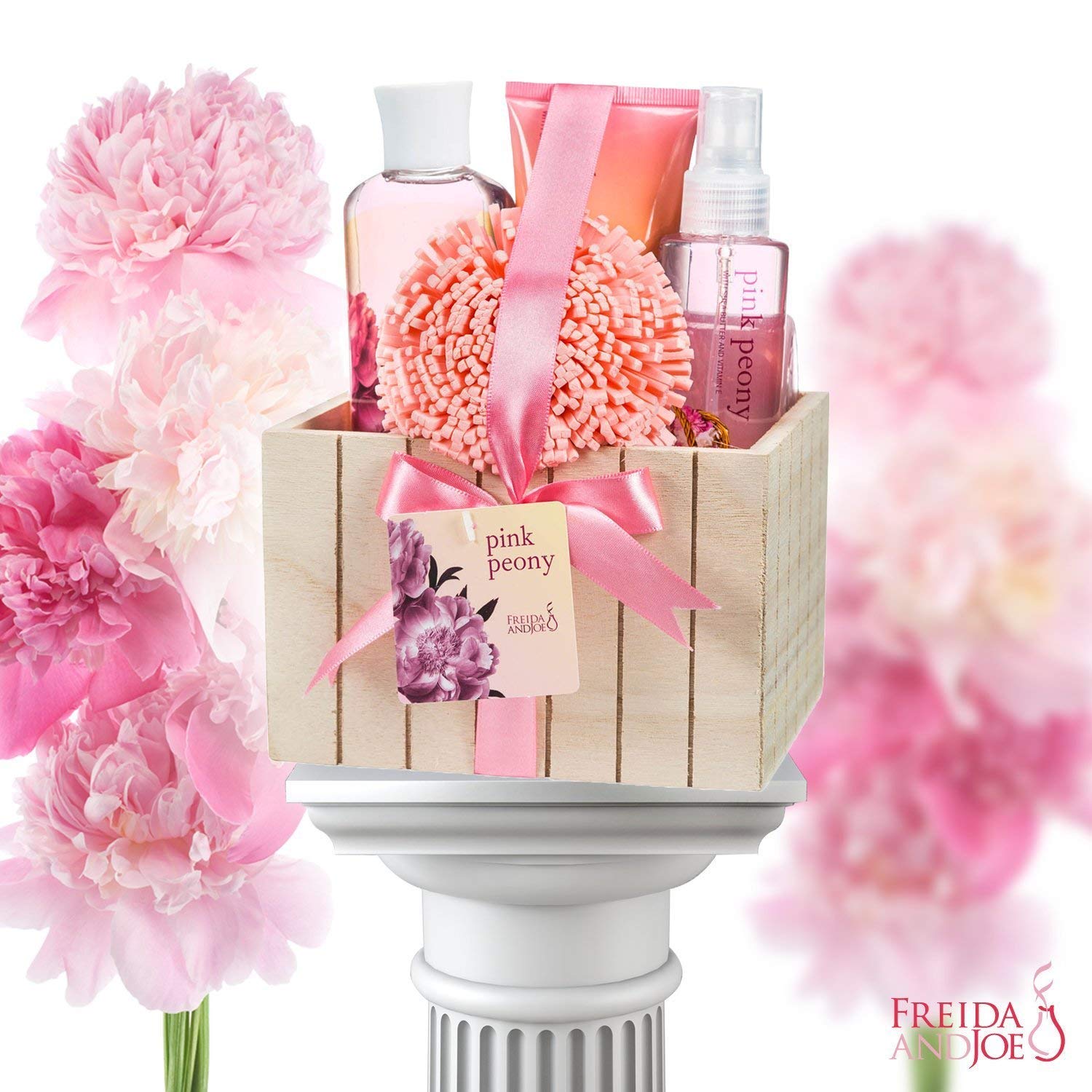 Luxury Pink Peony Bath & Body Gift Set for Women - Natural Wood Box with Body Lotion, Shower Gel, Bubble Bath, Body Spray & Puff | Spa Day Essentials, Bridal Shower Gift, Self Care Pampering Kit