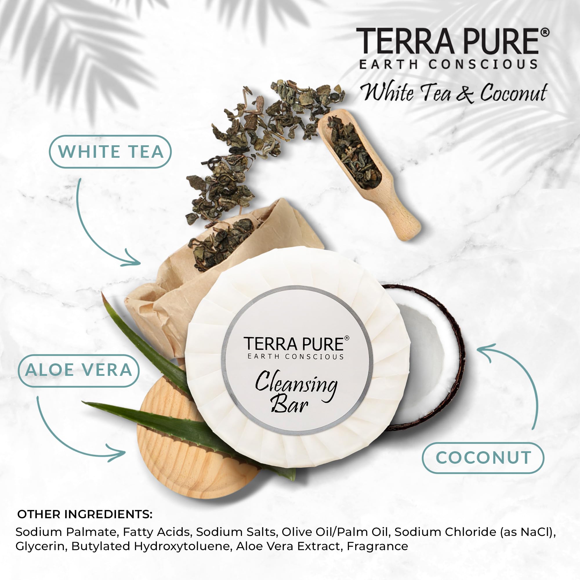 Terra Pure White Tea & Coconut Soap Bar - 1.25oz Travel Size Bulk Set (300 Pieces) | Natural Moisturizing Hand & Body Soap for Hotels, Gyms, Guest Bathrooms & Luxury Travel Essentials | Eco-Friendly Toiletries