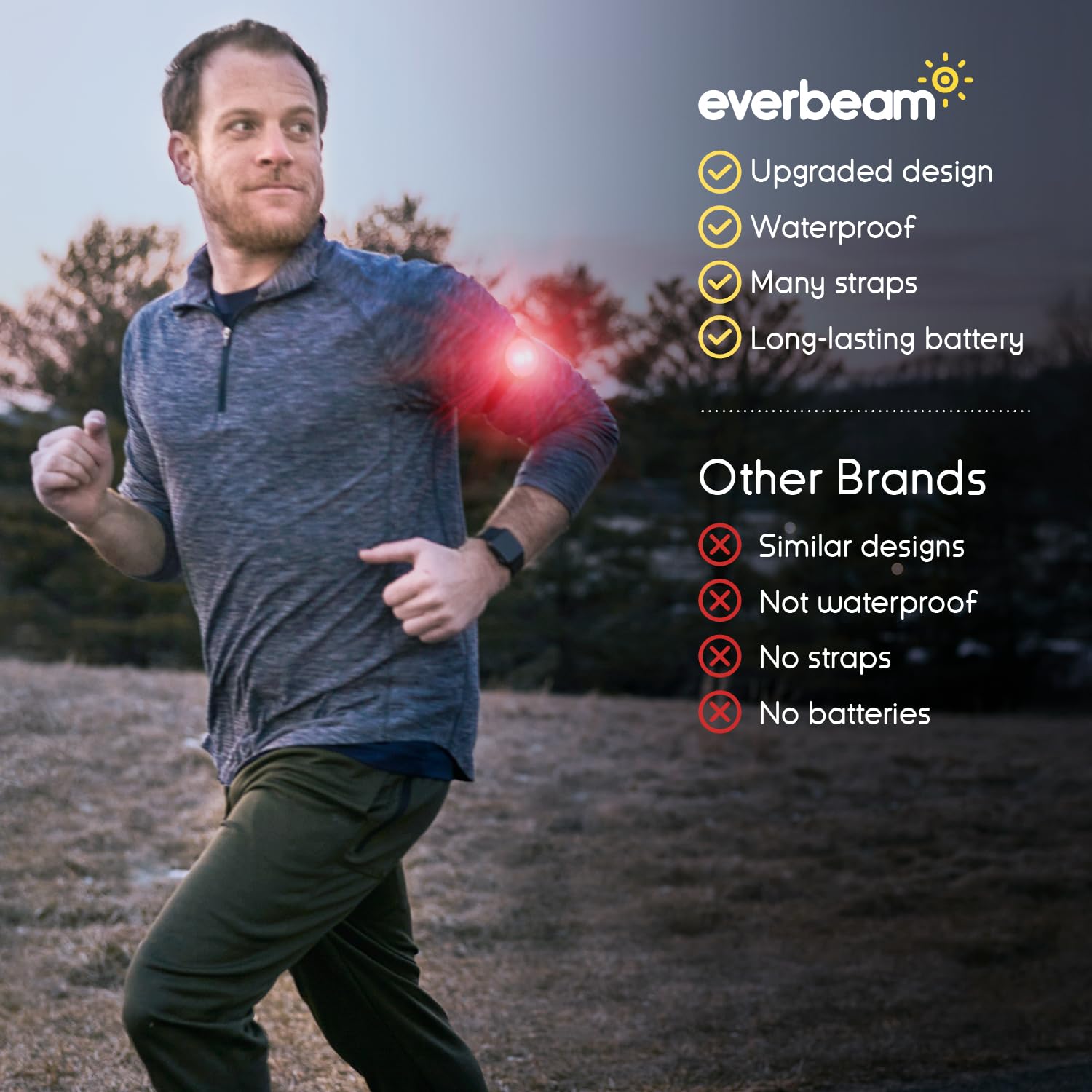 Everbeam E100 LED Safety Lights for Walking, Running, Cycling & Outdoor Activities - Waterproof Clip-On LED Light with Adjustable Straps (2 Pack, Red) - Perfect for Night Jogging, Dog Walking, Kayaking & Emergency Visibility