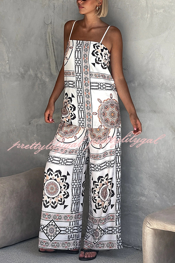 Stylish Printed Loose Casual Tank Top with Elastic Waist Wide Leg Pants Set - Women's Summer Outfit for Beach, Travel & Daily Wear