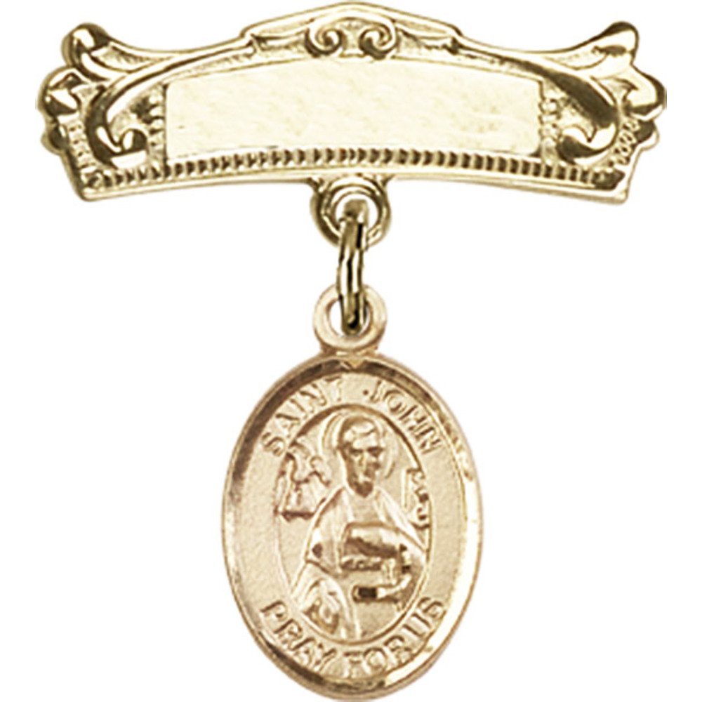 St. John The Apostle Gold Filled Baby Badge with Arched Polished Pin - 7/8 X 3/4 Inches - Perfect for Christening, Baptism & First Communion Gifts