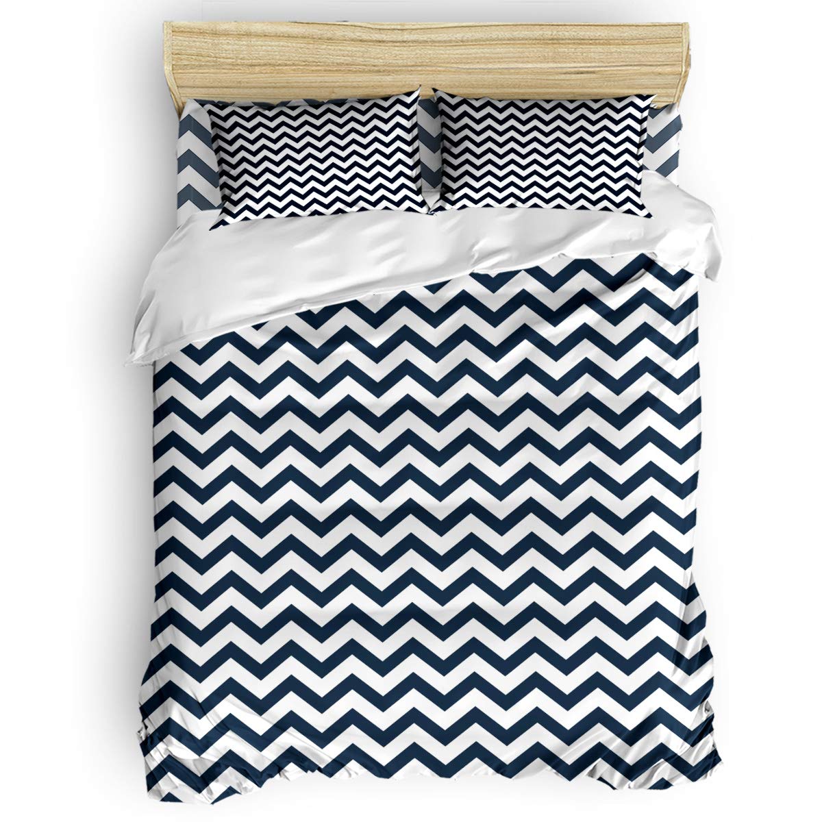 4Pcs Navy Blue Chevron Duvet Cover Set Queen Size - Soft Bedding Sheet Set with Zipper Closure, Includes 1 Duvet Cover, 1 Fitted Sheet & 2 Pillowcases - Perfect for Master Bedroom, Guest Room & Cozy Home Decor