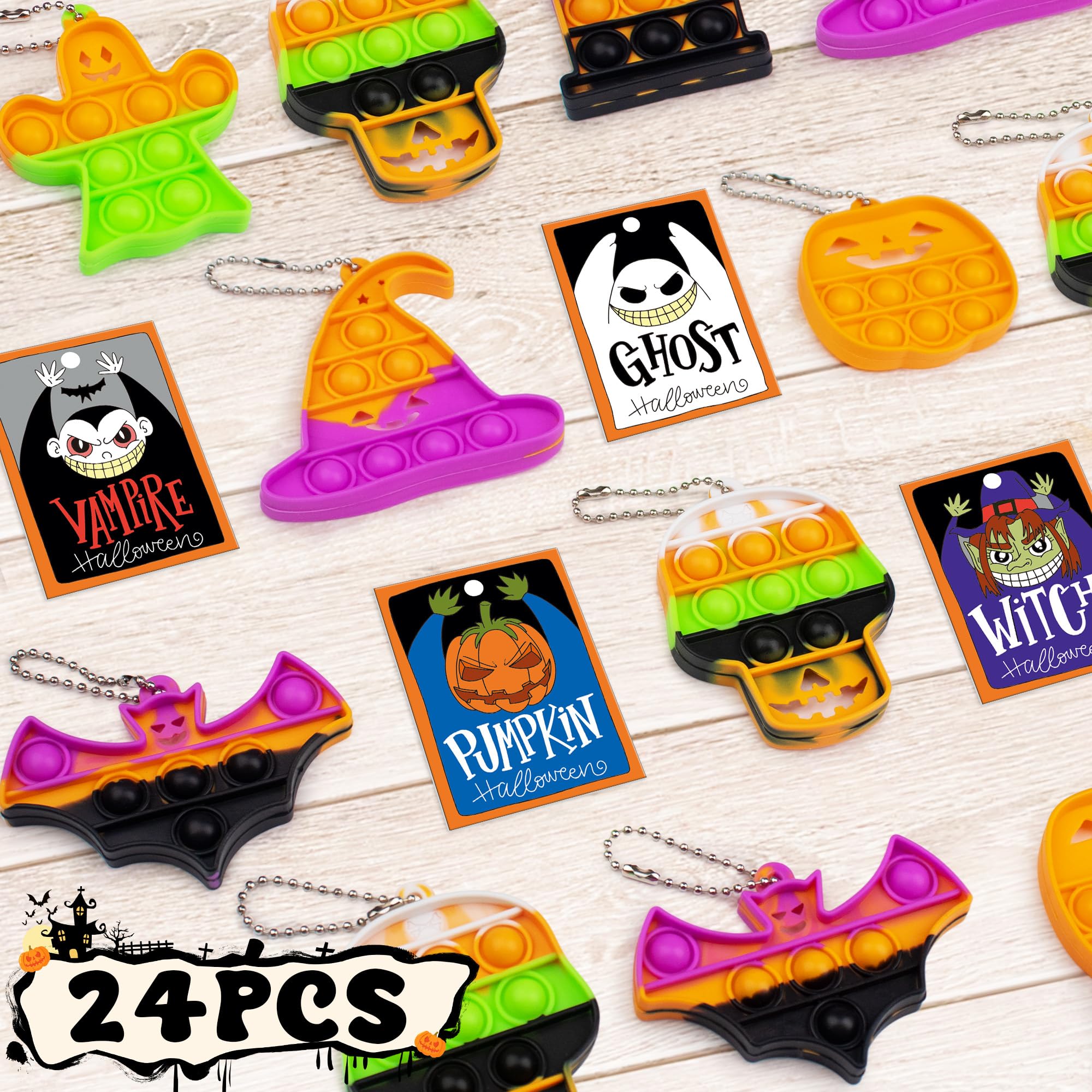 24 Pack Halloween Fidget Toys Bulk Set - Sensory Keychain Stress Relief Toys with Gift Card, No Candy Trick or Treat Favors for Kids, Toddlers - Perfect for Halloween Party Goodie Bags, Classroom Prizes, Birthday Gifts & School Events