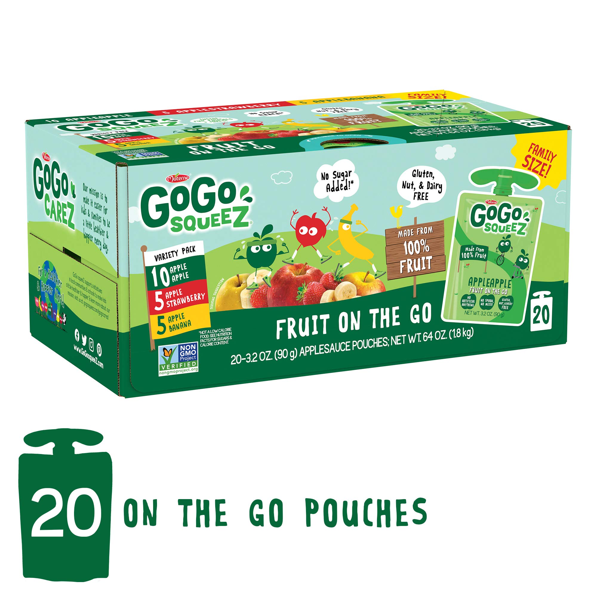 GoGo squeeZ Unsweetened Fruit Pouches - Apple, Banana & Strawberry Variety Pack (20 Count, 3.2 oz Each) | Healthy On-the-Go Snacks for Kids | Perfect for School Lunches, Road Trips & After-School Activities