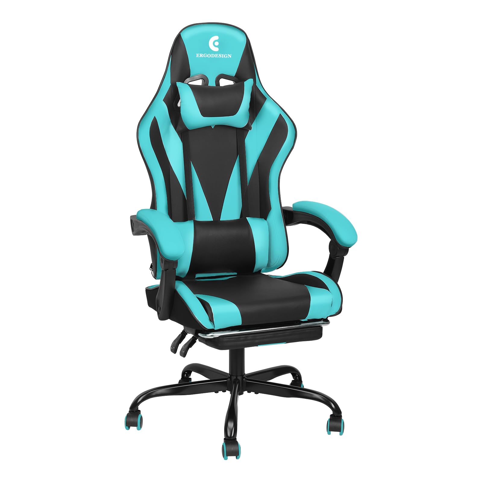 Ergonomic Gaming Chair with Adjustable Linkage Armrest & Retractable Footrest - High Back Racing Style Video Game Chair for PC & Console Gamers - Black & Light Blue - Perfect for Esports, Streaming & Long Gaming Sessions