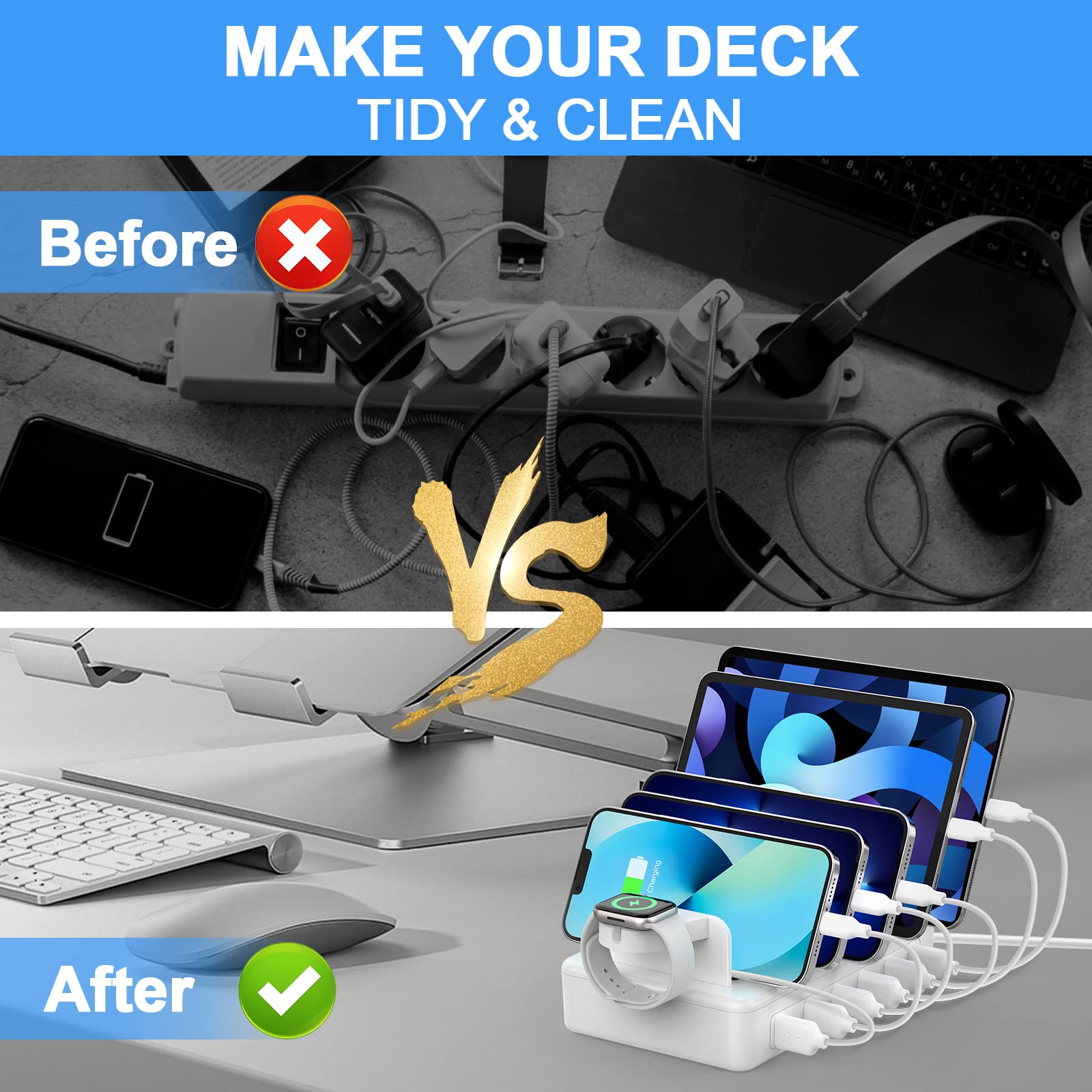 50W 6-Port USB Charging Station with 6 Cables - Fast Multi-Device Charger for iPhone, Android, iPad, Tablet, Kindle & Apple Watch | Perfect for Home, Office & Travel Organization