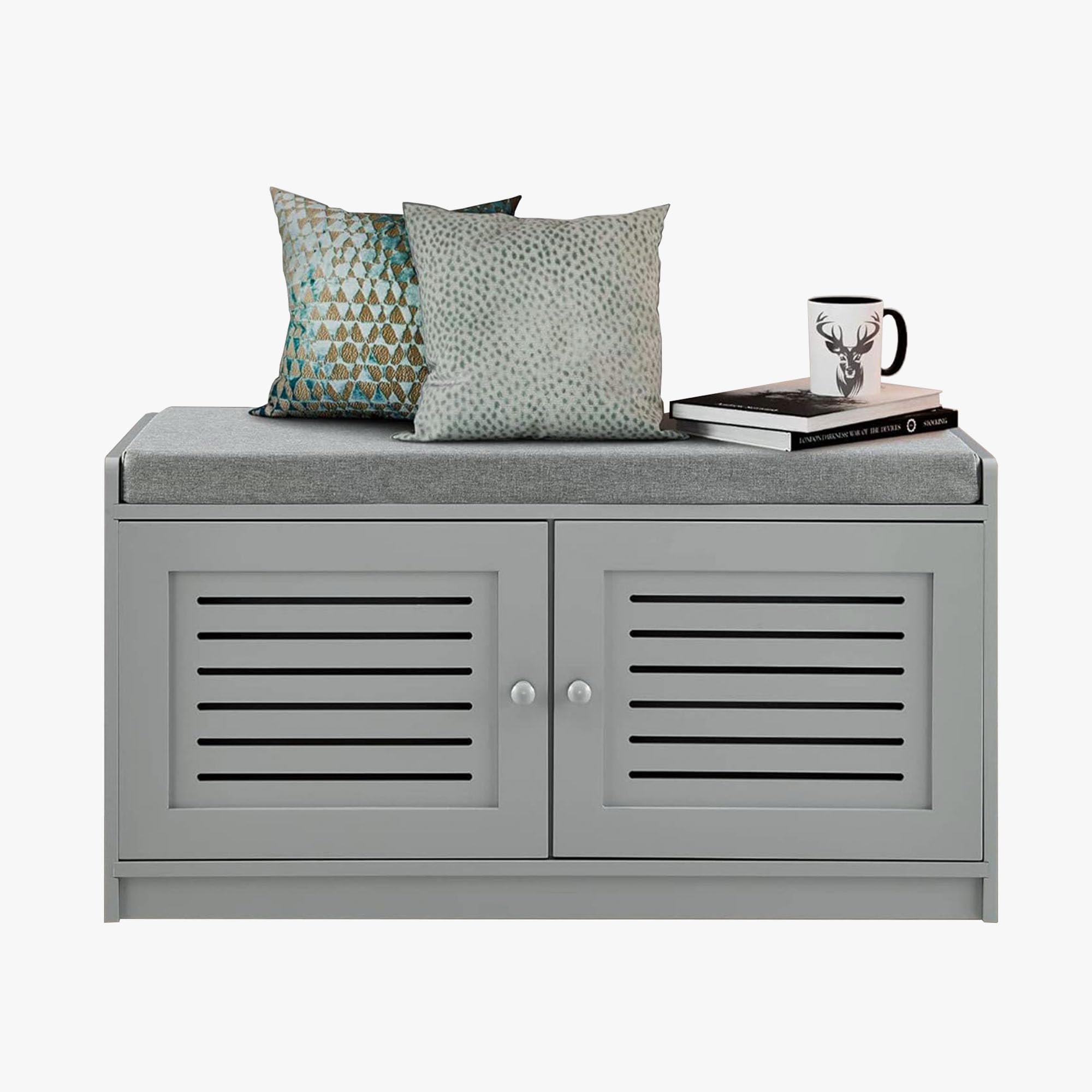 Gray Wooden Shoe Storage Bench with Cushioned Seat & Adjustable Shelves - Entryway Organizer for Hallway, Living Room or Bedroom - Perfect for Small Space Organization & Quick Shoe Access