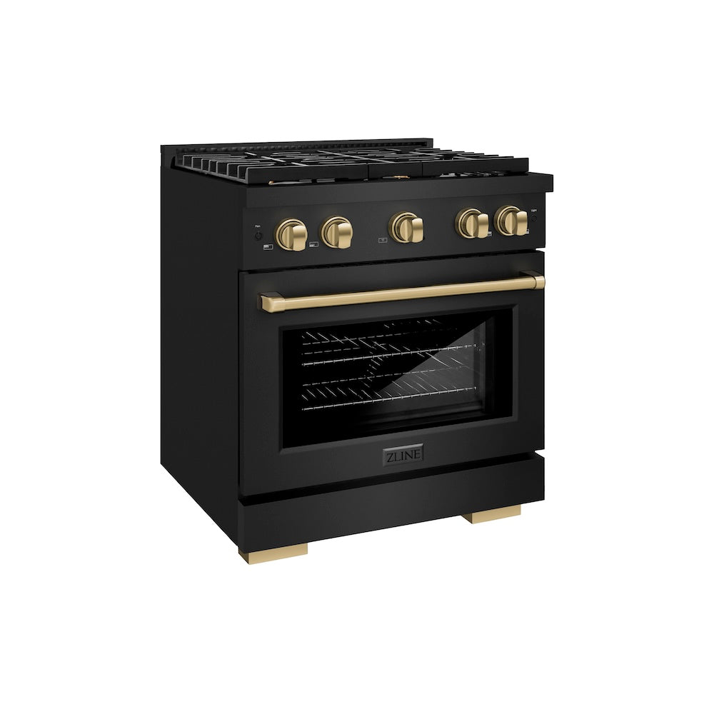 ZLINE Autograph Edition 30-inch 4.2 cu. ft. Dual Fuel Range with 4-Burner Gas Cooktop & Electric Convection Oven - Black Stainless Steel with Champagne Bronze Accents (SDRBZ 30 CB) | Professional Kitchen Appliance for Home Chefs & Cooking Enthusiasts