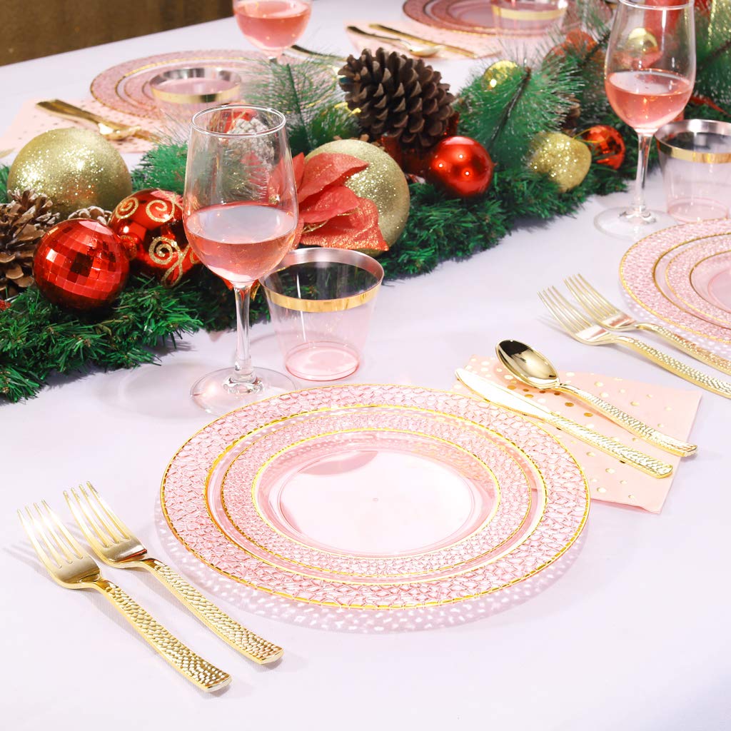 NERVURE 175-Piece Pink Gold Rim Disposable Plastic Tableware Set - 25 Dinner Plates, Dessert Plates, Forks, Knives, Spoons, Cups & Napkins - Perfect for Parties, Weddings, Picnics & Events