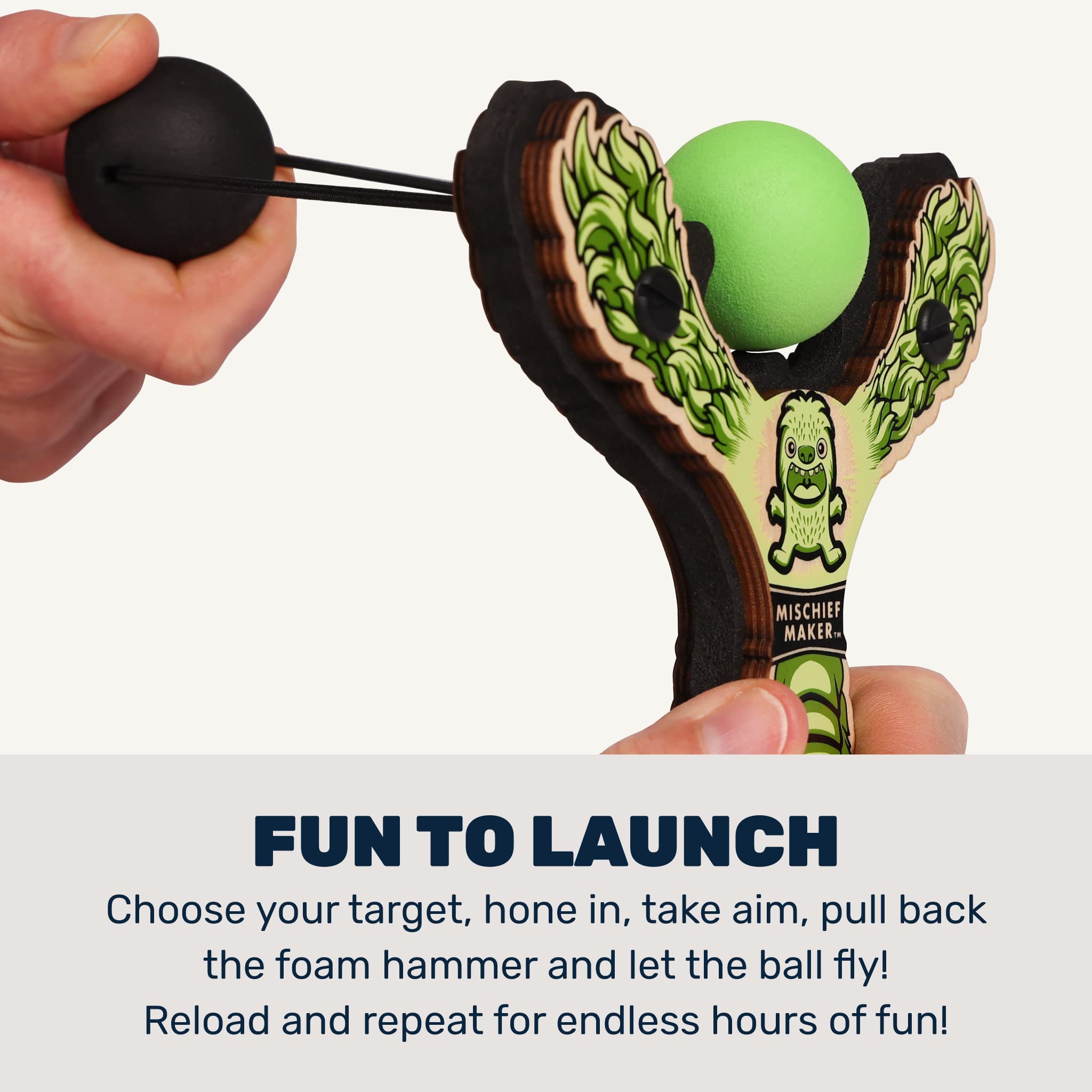 Mischief Maker® Wooden Slingshot - Lil' Monster Series - Real Wood Catapult Toy for Kids Ages 4+ with 4 Soft Foam Balls & Storage Bag - Outdoor Play, Backyard Games, Camping Fun (Green)